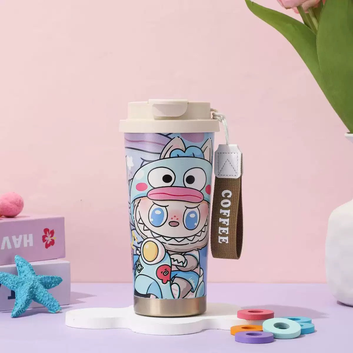 Labubu Travel Mug – 500 ml Insulated Stainless Steel Coffee Tumbler with Wrist Strap